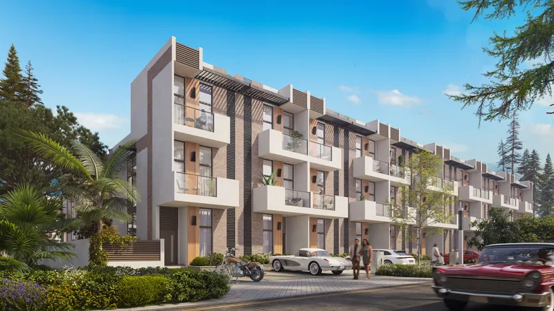 A row of three-storey R. Hills townhouses with balconies, wood and brick facades and palm trees along a quiet street (developer render)
