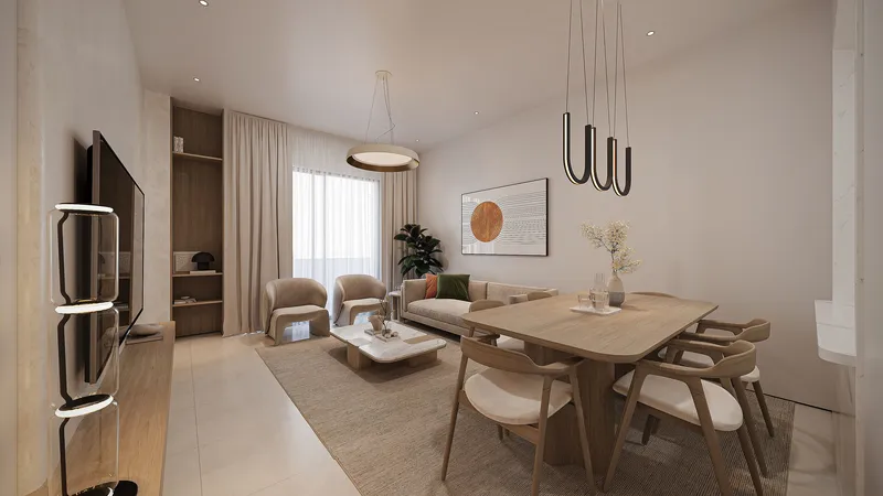 Living and dining room in a Reeman Residence 02 apartment