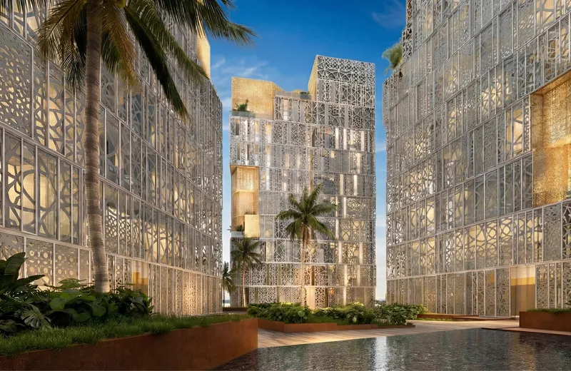 Render of the landscaped courtyard and water between the Richmond District towers