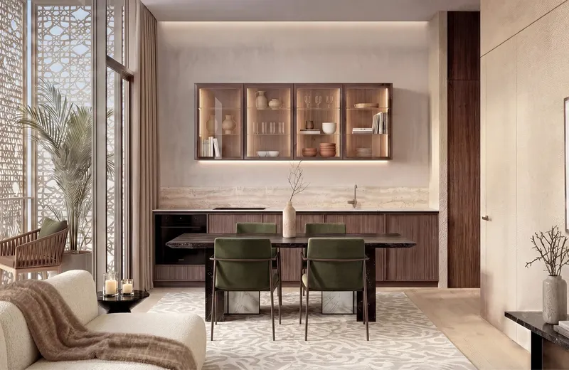 Render of a furnished dining and kitchen area at Richmond District