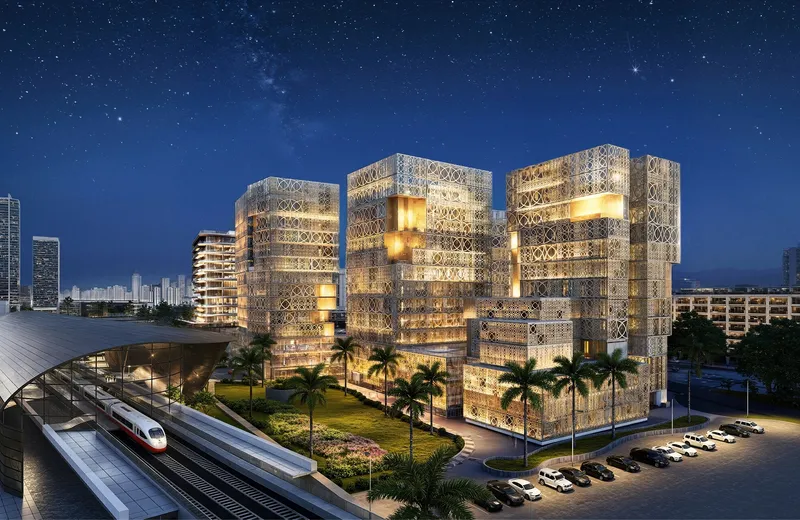 Close render of the mashrabiya screens and gold-toned balconies on a Richmond District tower