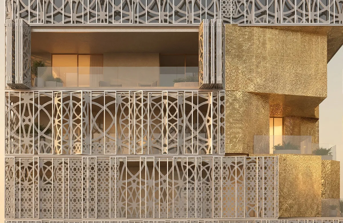 Render of a community pool with sunbeds and parasols at Richmond District