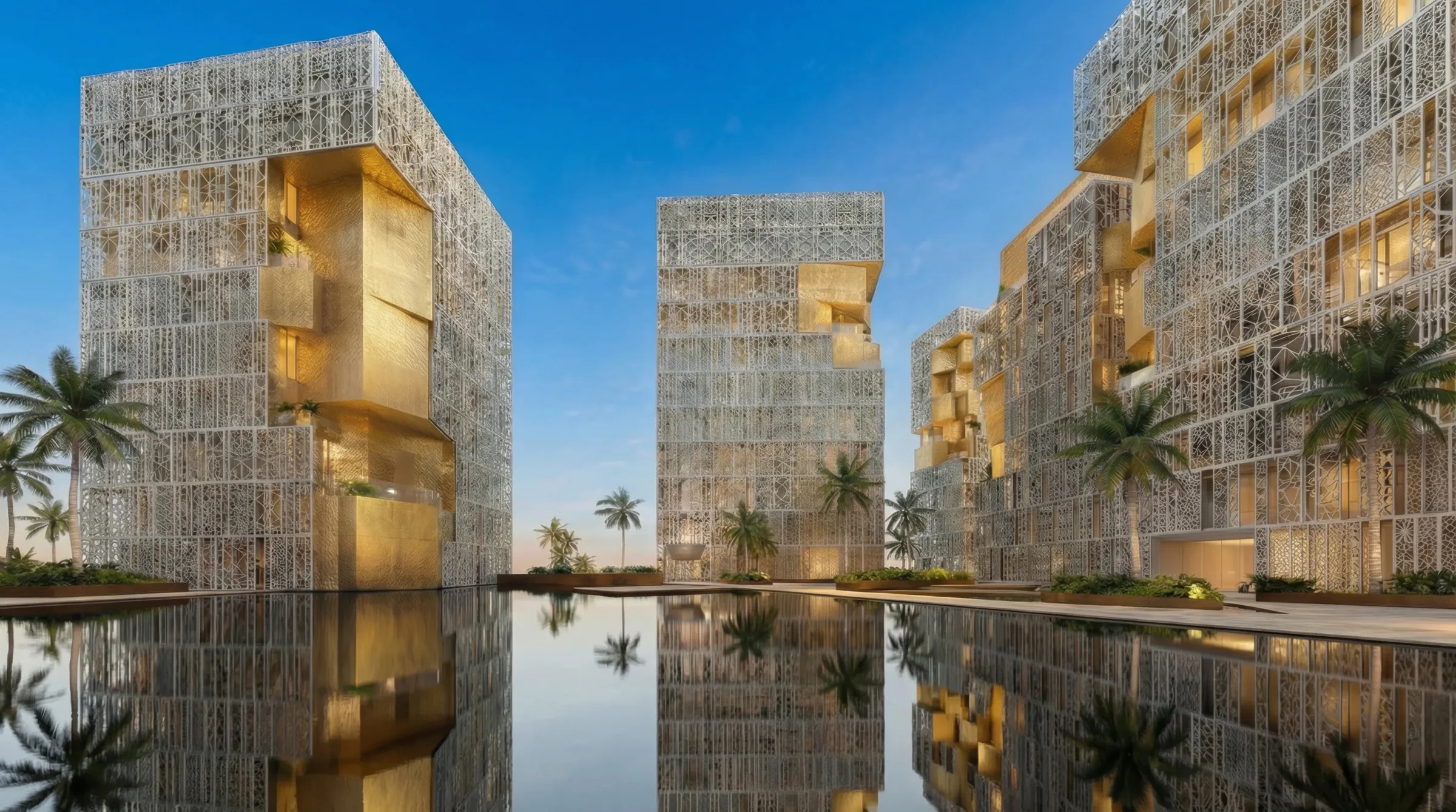Render of the Richmond District towers in Al Furjan with their mashrabiya facades reflected in a pool