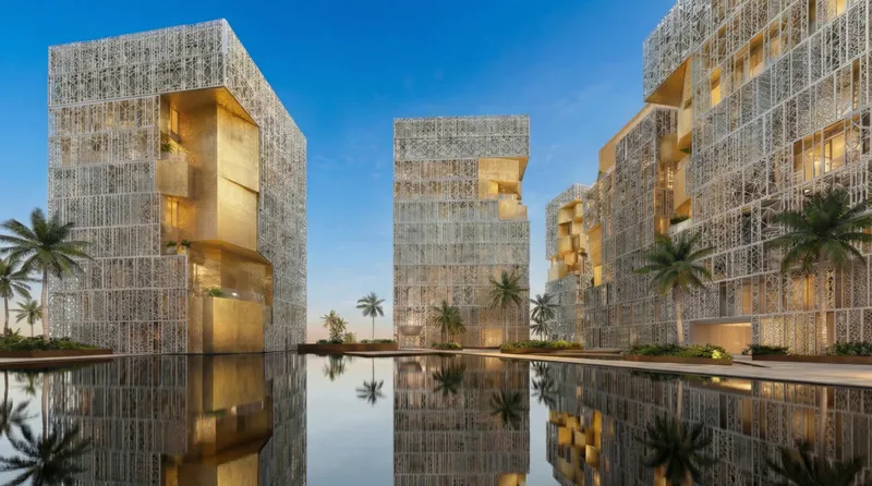 Render of the Richmond District towers in Al Furjan with their mashrabiya facades reflected in a pool