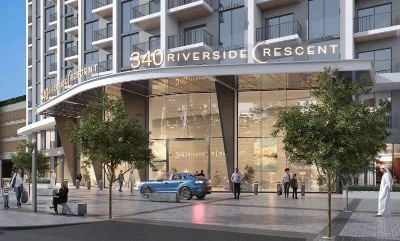 Street-level entrance and drop-off of 340 Riverside Crescent