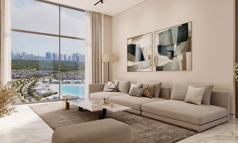 Living room of a Riverside Crescent apartment with a full-height window facing the lagoon and skyline
