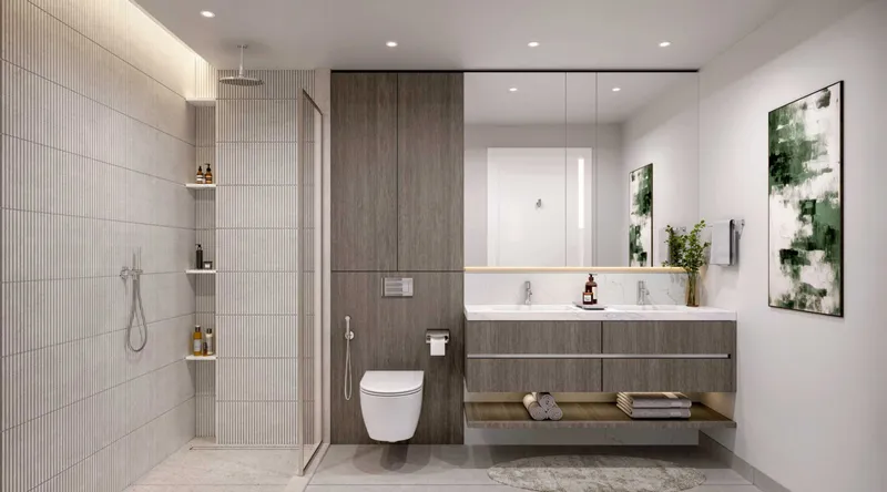 Render of a bathroom with a walk-in shower and double vanity at Riverton House by Ellington Properties