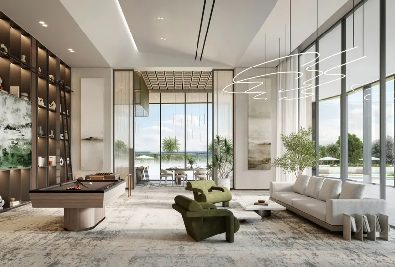 Render of the club lounge with a billiard table at Riverton House by Ellington Properties
