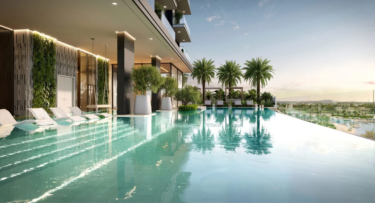 Render of the infinity pool with in-water loungers at Riverton House by Ellington Properties
