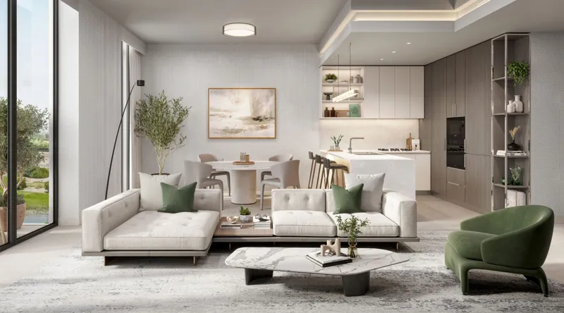 Render of a living and dining room with an open kitchen at Riverton House by Ellington Properties