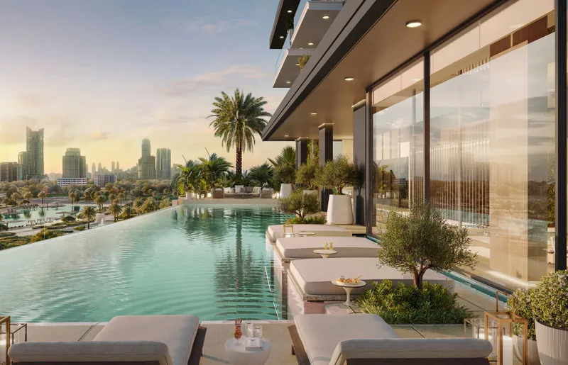 Render of the pool deck and sunbeds at Riverton House by Ellington Properties at sunset