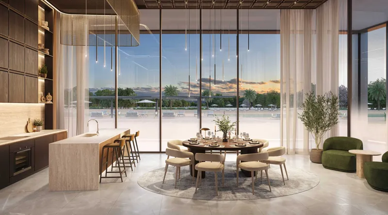 Render of the Supper Club dining room and island bar at Riverton House by Ellington Properties