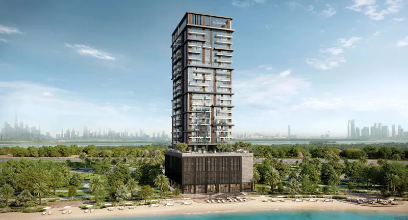 Render of the Riverton House tower by Ellington Properties on the community lagoon at Mohammed Bin Rashid City, Dubai