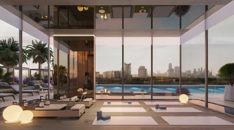 Render of the yoga studio beside the pool at Riverton House by Ellington Properties