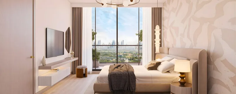 Render of a bedroom at RIVO by Grovy with floor-to-ceiling windows and a city view