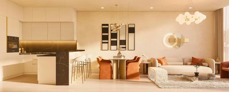 Render of an apartment at RIVO by Grovy with an open kitchen, dining table and living area in warm neutral tones