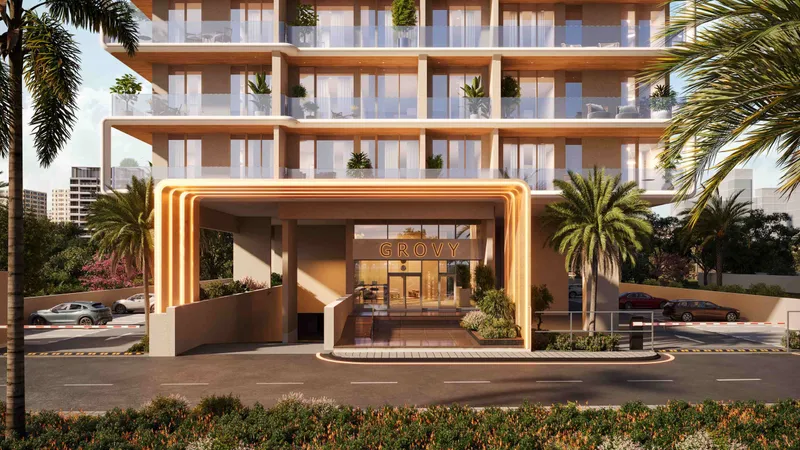 Render of the arched, lit entrance canopy at the base of RIVO by Grovy with palm trees in front