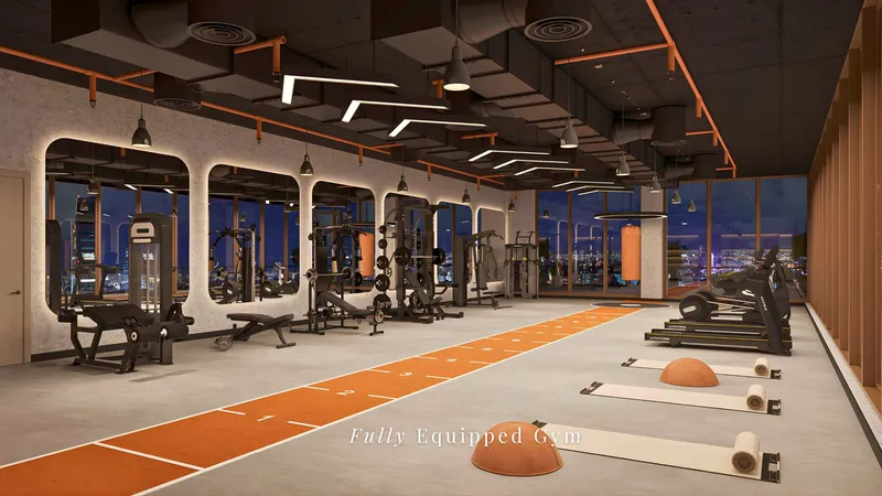 Render of the gym at RIVO by Grovy with cardio machines, weights and a running strip
