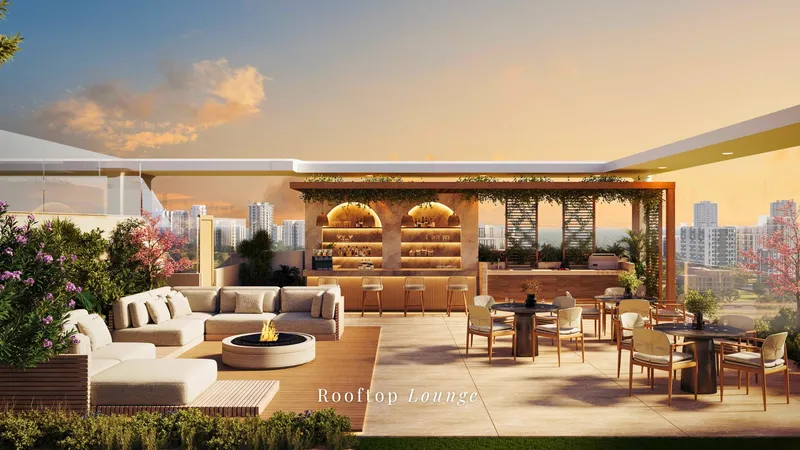 Render of the rooftop lounge at RIVO by Grovy at sunset, with sofas, a fire pit and dining tables