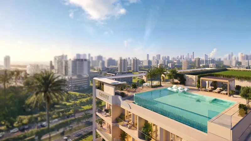 Render of the rooftop infinity pool at RIVO by Grovy with a glass edge, overlooking Dubailand