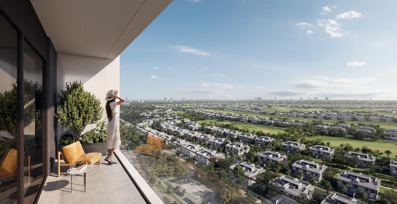 Render of a resident on a Rosehill balcony looking over Dubai Hills Estate and the golf course