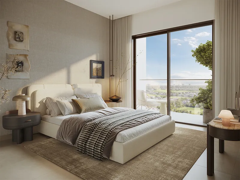 Interior render of a Rosehill bedroom with a balcony and green views