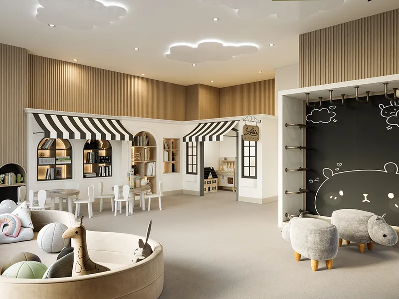 Interior render of the Rosehill indoor kids' play area