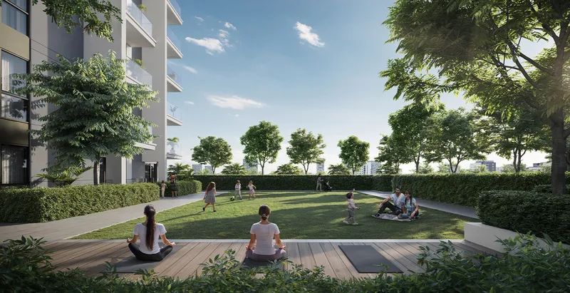 Render of residents on the yoga deck and lawn in the Rosehill gardens