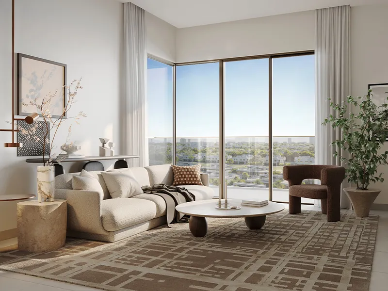 Interior render of a Rosehill living room with floor-to-ceiling windows