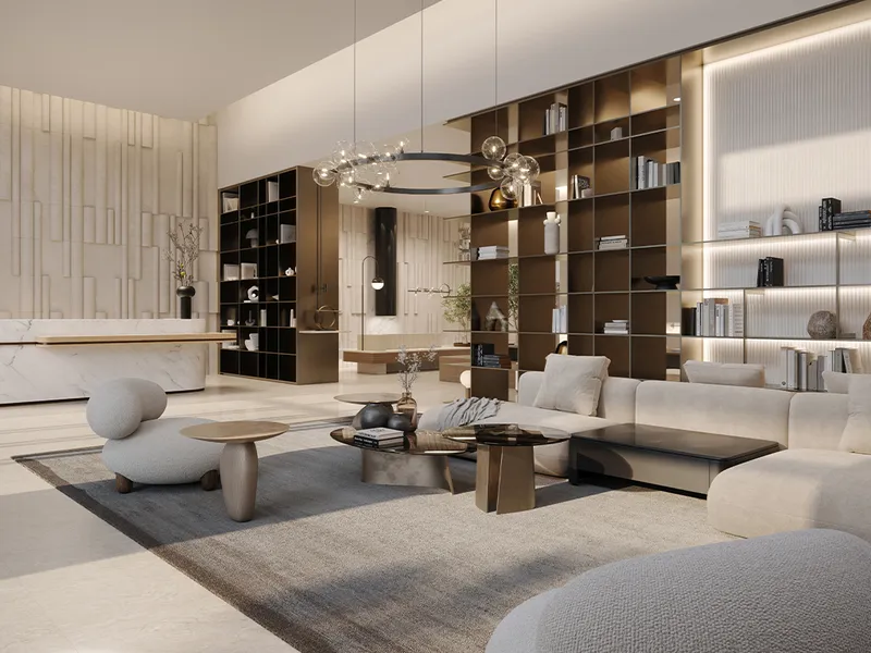 Interior render of the Rosehill residents' lounge with seating and bookshelves