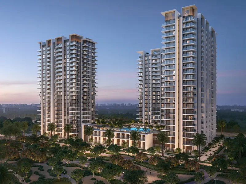Render of the Rosehill towers at dusk above the landscaped podium and pool