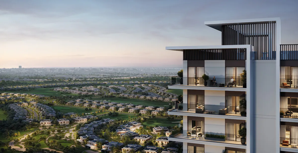 Render of the upper floors of Rosehill at dusk overlooking the villas and fairways of Dubai Hills Estate