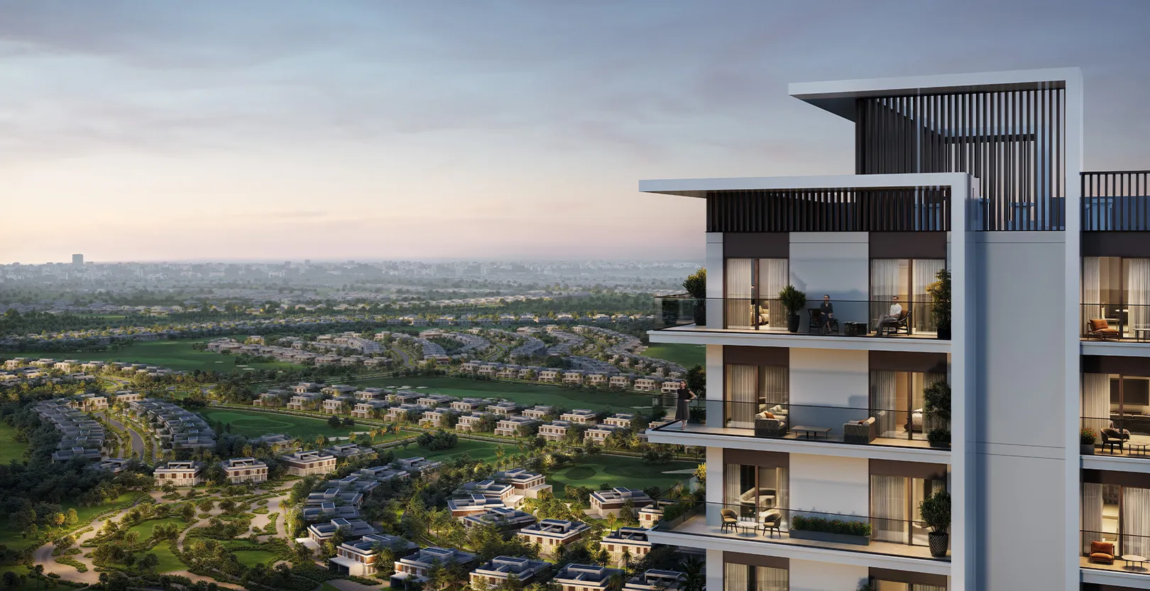 Render of the upper floors of Rosehill at dusk overlooking the villas and fairways of Dubai Hills Estate