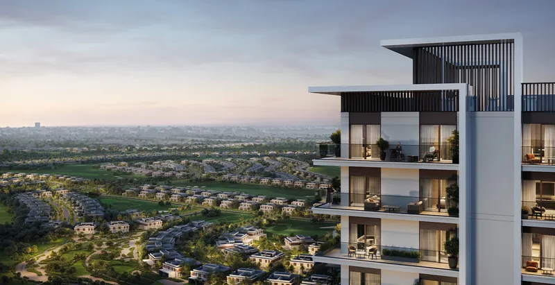 Render of the upper floors of Rosehill at dusk overlooking the villas and fairways of Dubai Hills Estate