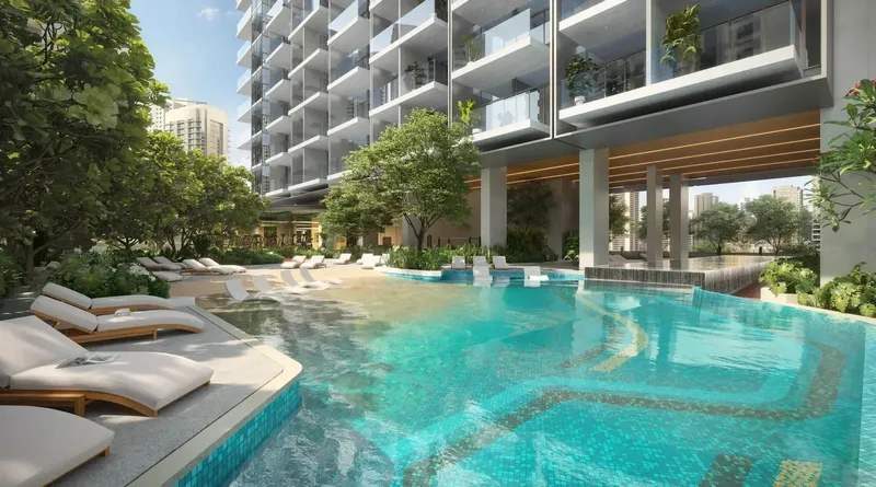 Pool deck with sun loungers beside the residential floors at Rove Home Downtown Dubai