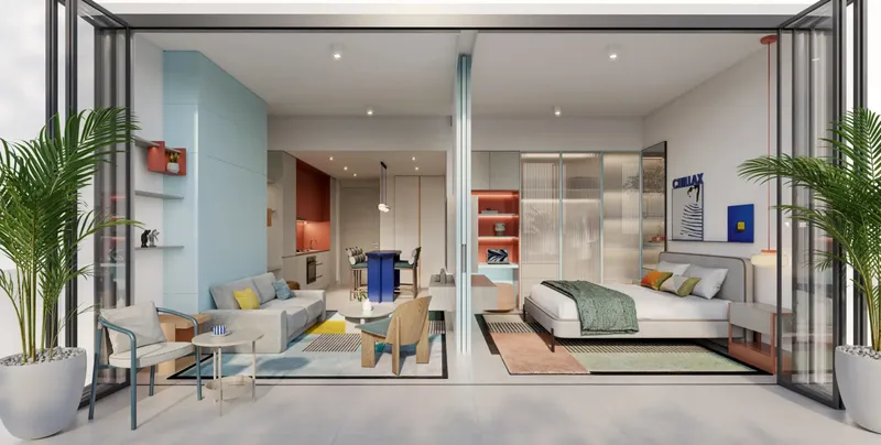 Furnished 1 bedroom apartment with open living area and glass-partitioned bedroom at Rove Home Dubai Marina