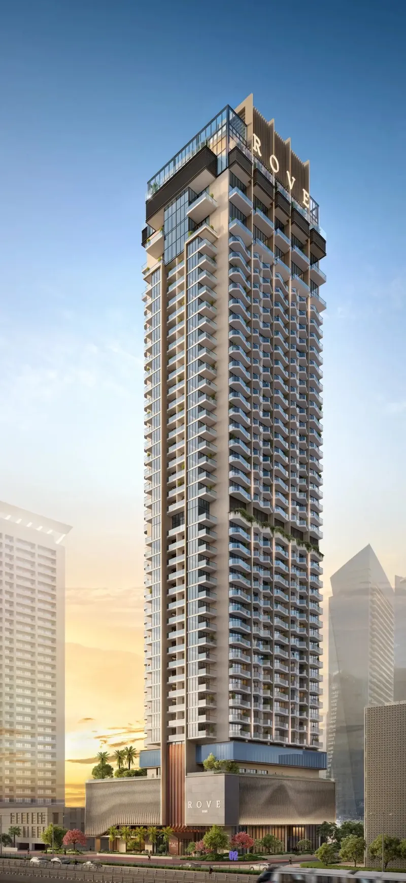 Render of the slender Rove Home Dubai Marina tower against a clear sky