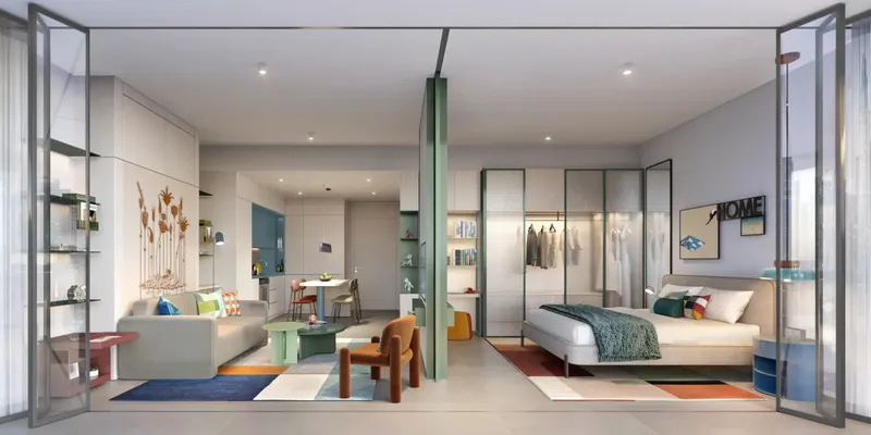 Furnished 1 bedroom apartment with the living room and bedroom divided by a pocket wall