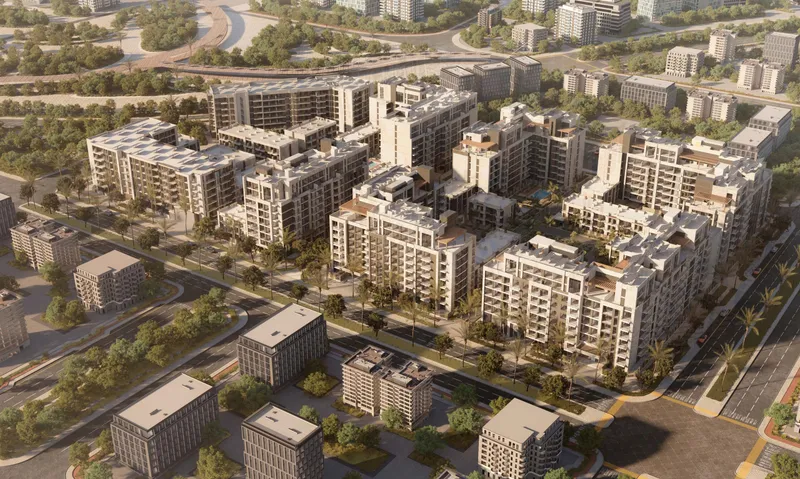 Aerial view of the six Royal Park clusters in Masdar City, Abu Dhabi (developer render)