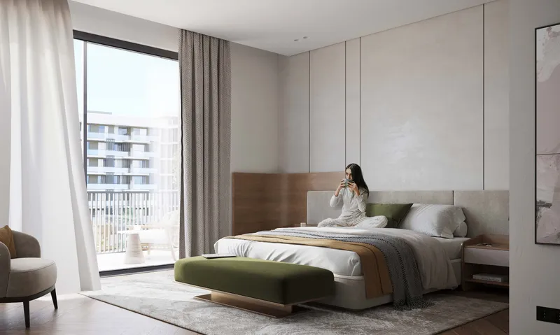 Bedroom in a Royal Park home with floor-to-ceiling windows (developer render)