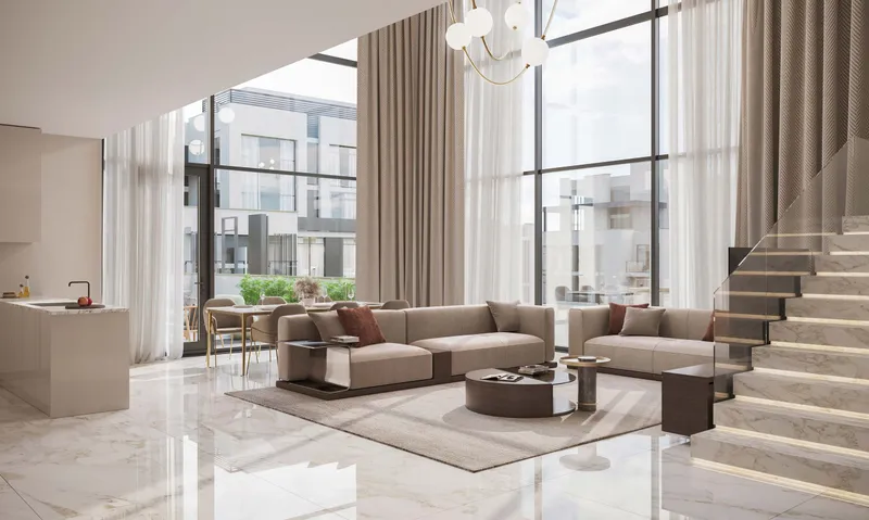 Double-height living room with a staircase in a Royal Park duplex (developer render)