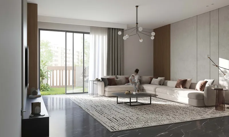 Living room in a Royal Park home opening onto a garden terrace (developer render)