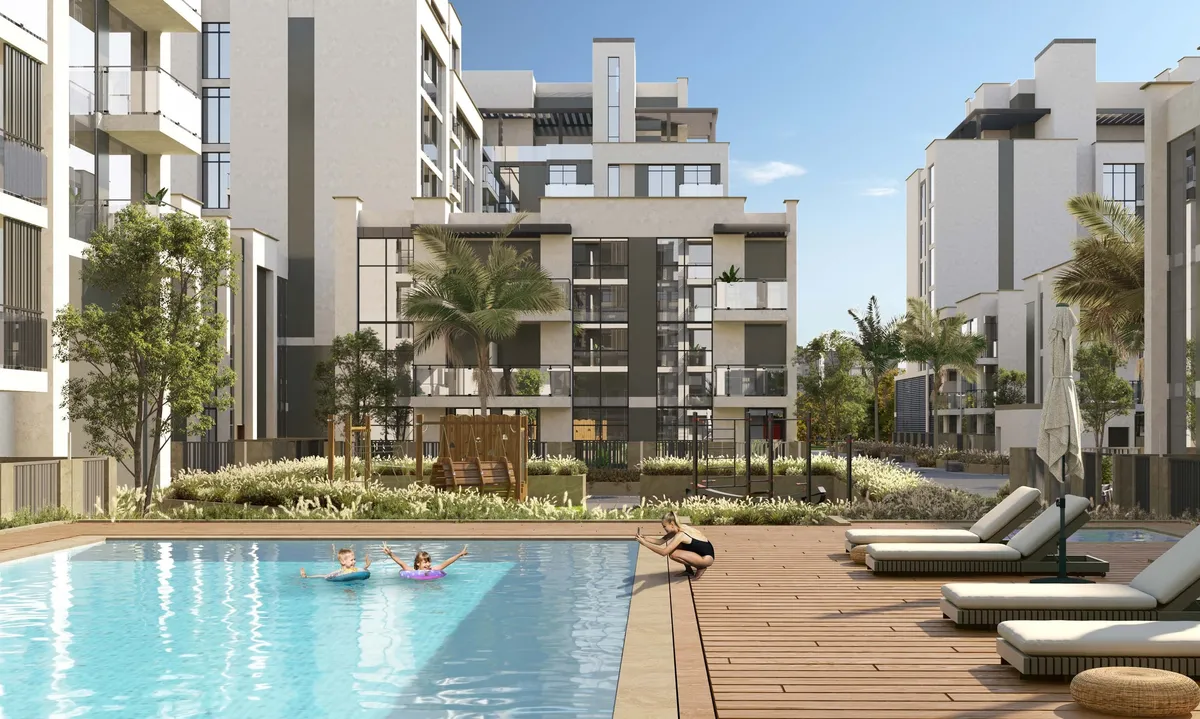 Swimming pool with sun loungers in a Royal Park cluster courtyard (developer render)