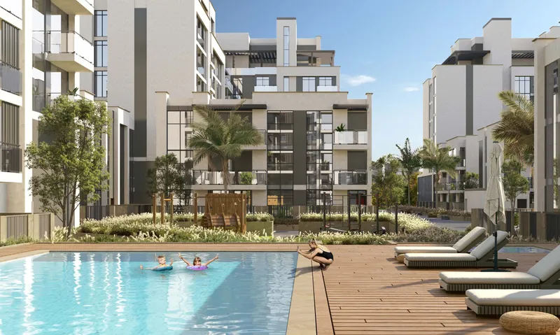 Swimming pool with sun loungers in a Royal Park cluster courtyard (developer render)