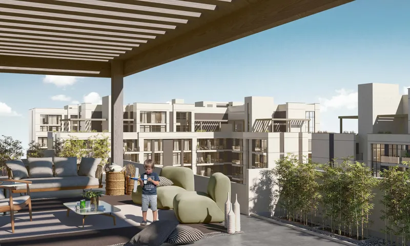 Furnished private roof terrace with a pergola overlooking Royal Park (developer render)