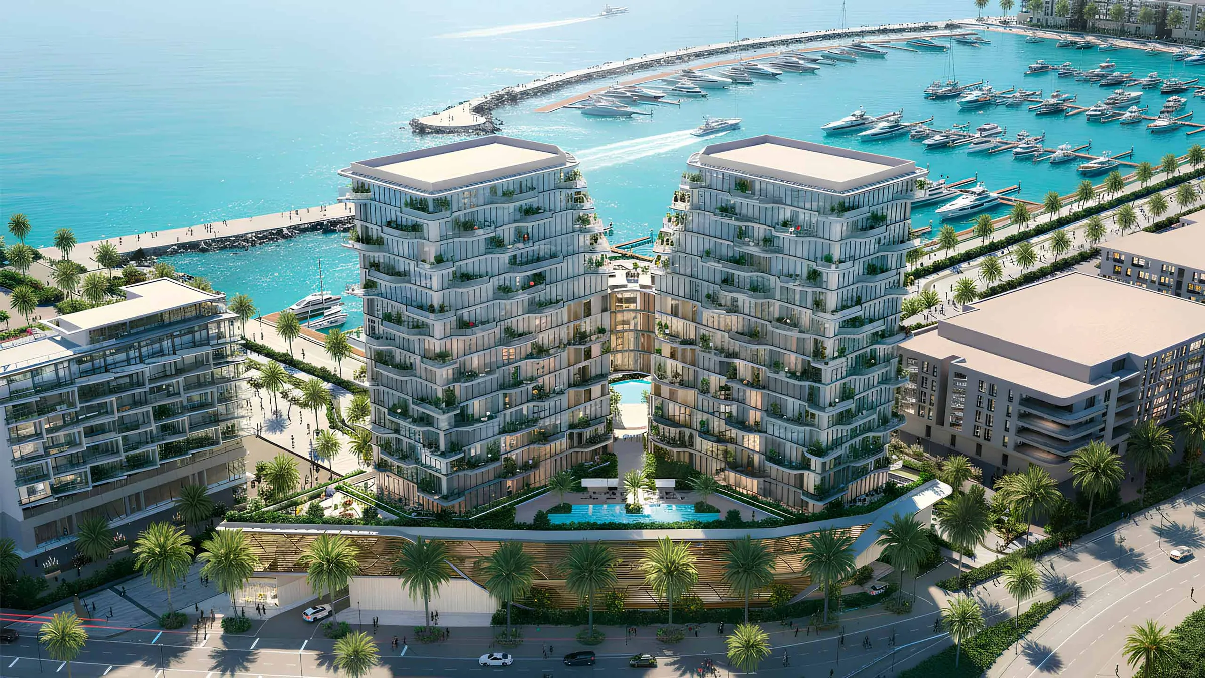 Aerial render of the two towers of Royal Yacht Club Residence on Dubai Islands with the marina behind