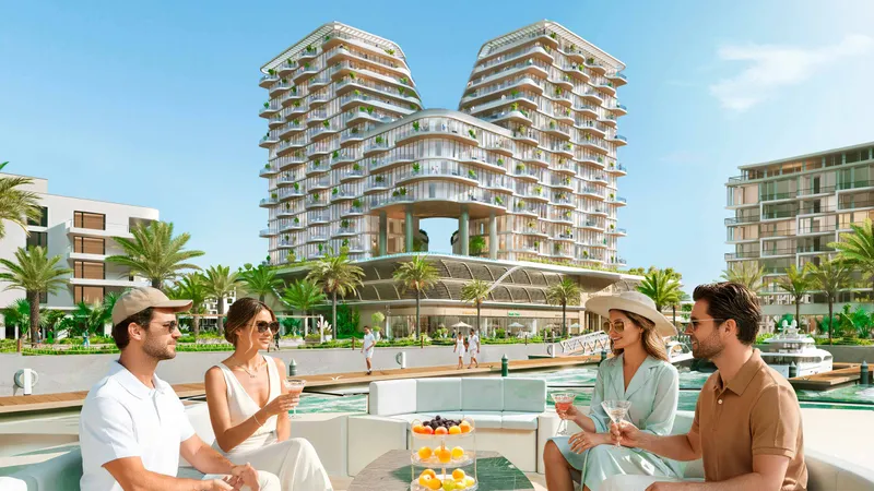 Render of Royal Yacht Club Residence seen from a boat on the water at Dubai Islands