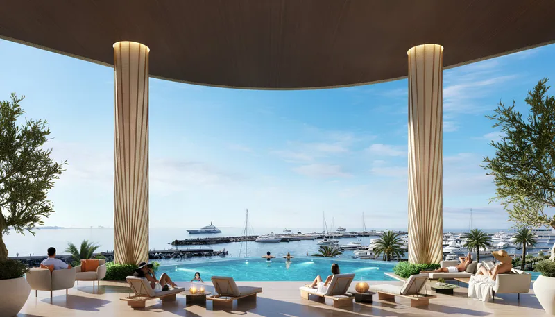 Render of the infinity pool at Royal Yacht Club Residence with the marina beyond