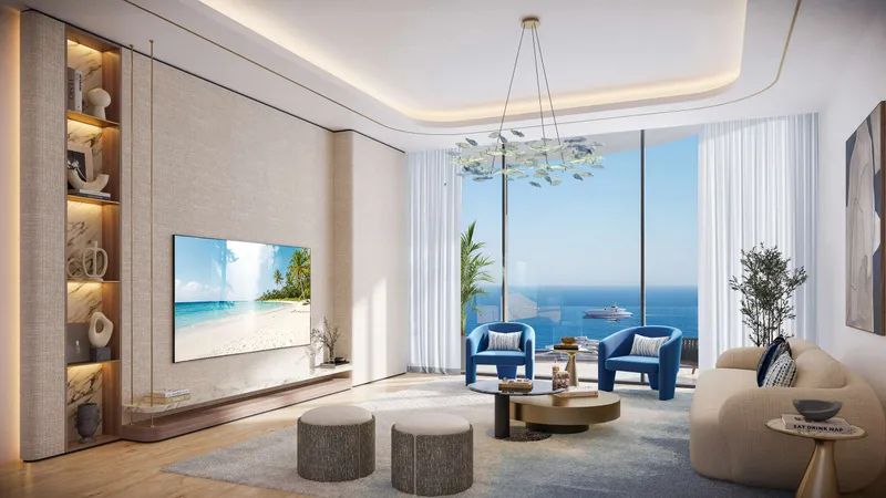 Render of a living room at Royal Yacht Club Residence with a sea view