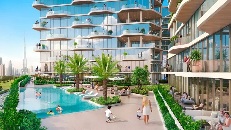 Render of the family pool deck between the towers of Royal Yacht Club Residence